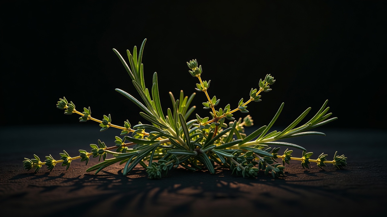 Rosemary and thyme stems lit from behind by low sun against a near-black background