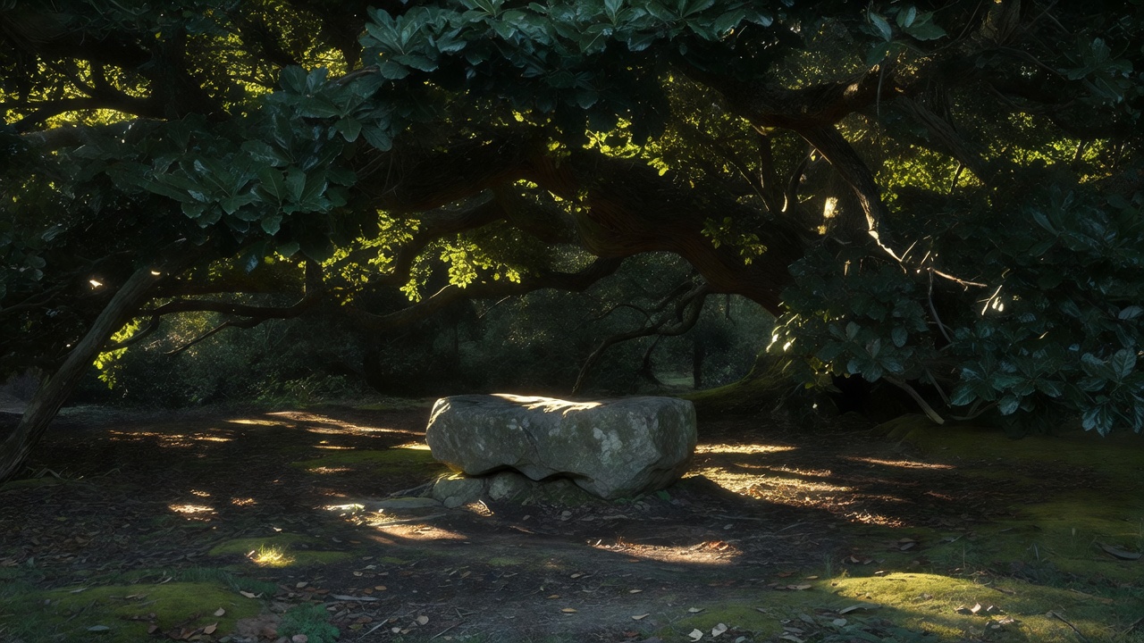 Simple stone seat beneath a dense tree canopy with dappled light on the ground and dark foliage behind